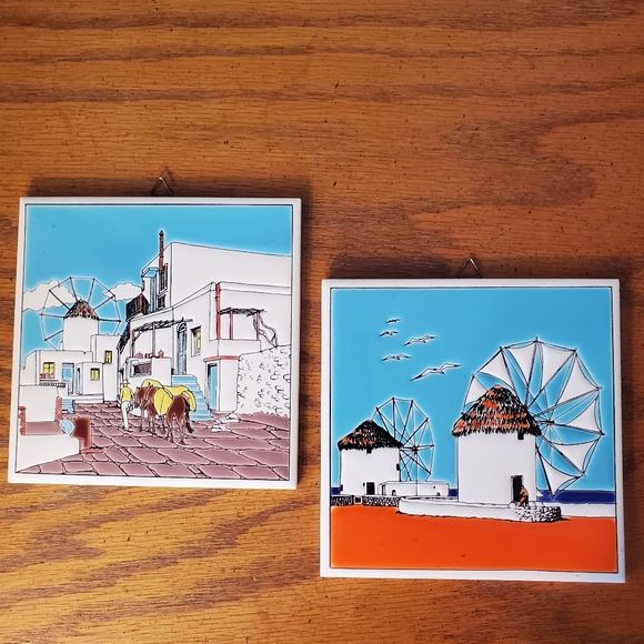 VINTAGE Niarchos Hellas Handmade Tile Windmills Scene - Picture 4 of 4